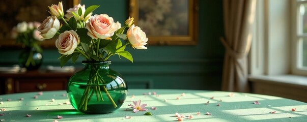 Emerald green glass vase filled with fresh flowers on a elegant tablecloth, vase, decorative, sophisticated © Withun
