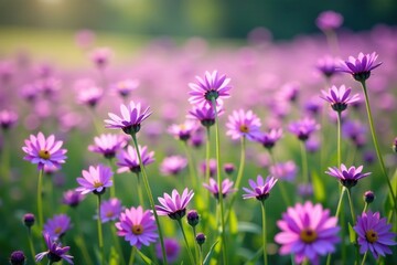 Field of purple flowers swaying in the breeze, blooms, plants