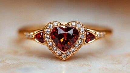 Naklejka premium A gold ring with a heart shaped garnet surrounded by diamonds