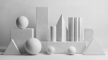 Monochromatic geometric shapes display studio still life minimalist symmetrical arrangement