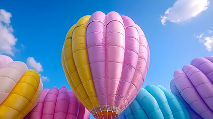 Colorful hot air balloons float against a bright blue sky with fluffy clouds, creating a vibrant and cheerful scene.