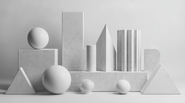 Monochromatic geometric shapes display studio still life minimalist symmetrical arrangement