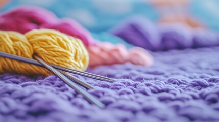 Closeup Colorful Yarn Balls and Knitting Needles on Purple Knit Fabric