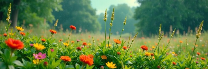 Rainy meadow with wildflowers and tall grasses, meadow, wildflower, rain