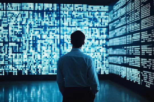Man observes glowing data patterns on wall.