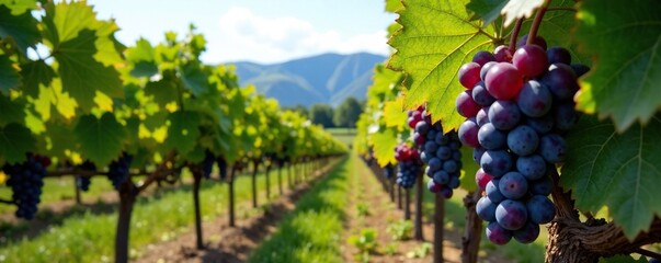 Vineyard rows of ripe shiraz grapes ready for harvest, grapes, okanagan valley, wine country