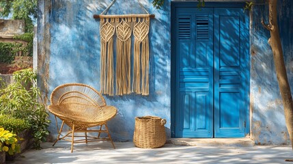 Bohemian Macrame Wall Hanging Patio Scene with Wicker Chair
