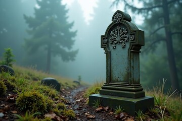 Obraz premium Headstone with intricate carvings shrouded in fog, headstone, nature, weathered