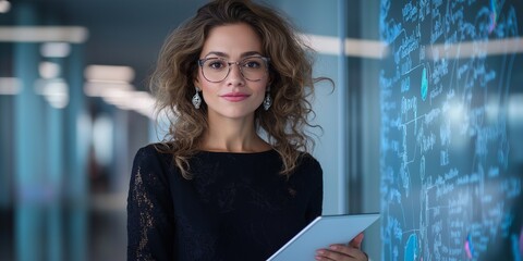 A woman wearing glasses stands in front of a whiteboard with equations on it