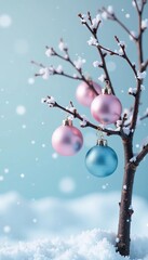 Pastel pink and blue ornaments adorning a bare tree against a white snowy background, frosty atmosphere, snowflake decorations