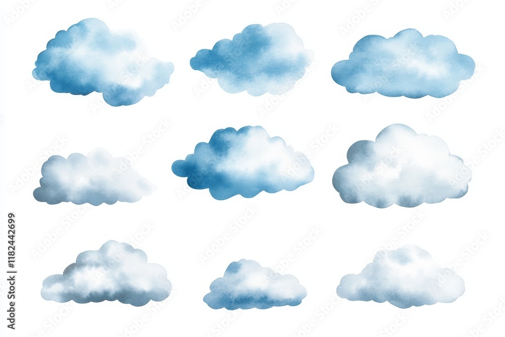 Poster set of nine different clouds, all varying in size and shape