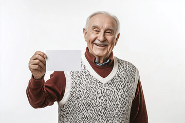 Smiling elderly man holding blank card against light background