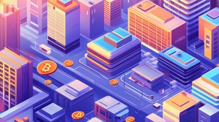 Fototapeta premium Cryptocurrency coins above an isometric city.