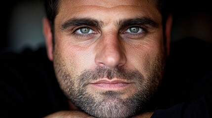 Obraz premium A close up of a man's face with his hand on his chin