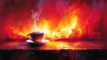 Steaming cup on table before fiery inferno.