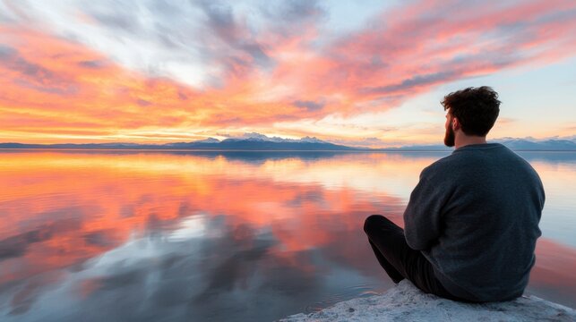 A man sitting on a rock looking out over a lake at sunset