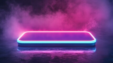 Futuristic cyberpunk room neon glowing rectangle high-resolution content foggy ambiance cinematic viewpoint modern minimalism