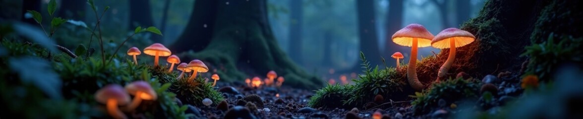 Fototapeta premium Luminous fungi glow softly in the forest darkness, misty, fungal kingdom, wild growth