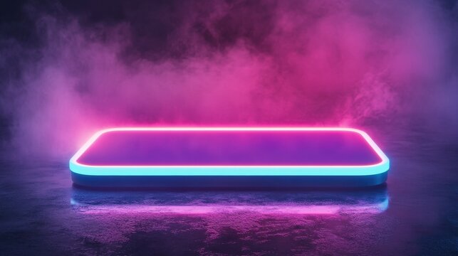Futuristic cyberpunk room neon glowing rectangle high-resolution content foggy ambiance cinematic viewpoint modern minimalism