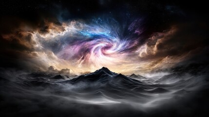 Fototapeta premium A black hole in the middle of a stormy sky with mountains in the background