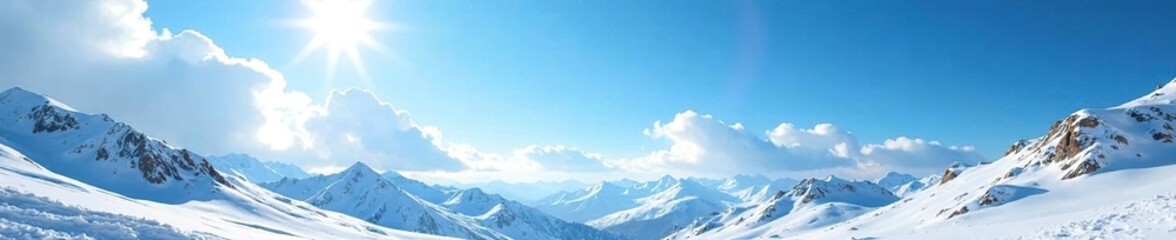 Fototapeta premium A clear blue sky with white clouds and the sun shining down on a snowy landscape, snow, natural