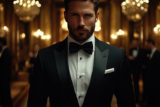 Elegant Man in Black Tuxedo at Luxurious Gala with Sparkling Chandeliers