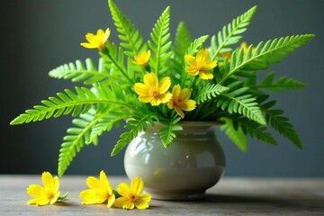 Green fern fronds in a vase with loose yellow flowers, arrangement of branches, florals