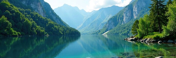 A lush forest on the mountainside bank of a clear blue lake, forests, landscape, water