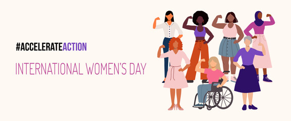 A group of women are standing together on International Women's Day. The image is titled #AccelerateAction and is meant to inspire people to take action for women's rights