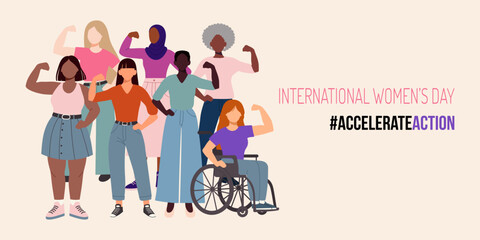 A poster for International Women's Day with a group of women posing with a wheelchair. The poster reads "International Women's Day: Accelerate Action"