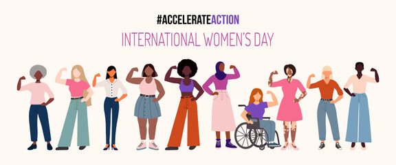 A group of women are standing in a row, with one woman in a wheelchair. The image is titled "International Women's Day" and is part of a larger poster