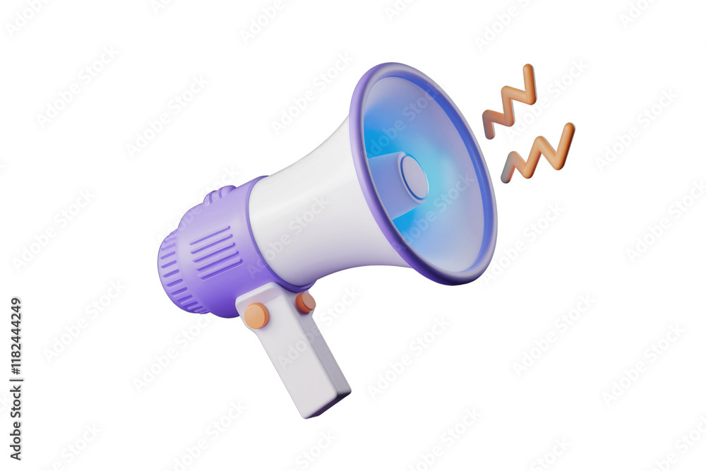Poster a 3d rendered purple megaphone with sound waves, symbolizing announcements and communication. backgr