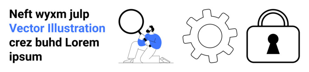 Man holding magnifying glass, examining details adjacent gear and padlock elements. Ideal for security, technology, privacy, analysis, data protection, IT systems inspection themes. Landing page