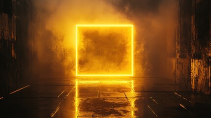 Industrial neon glow surreal golden and maroon rectangle misty wet floor setting cinematic atmosphere