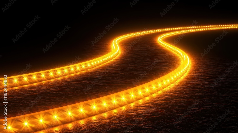 Poster a winding path of glowing golden lights on a dark textured surface. ideal for showcasing products or
