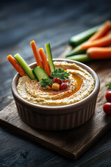 close up hummus in a bowl with chickpea and raw veggie sticks on a wooden table wallpaper restaurant aperitif