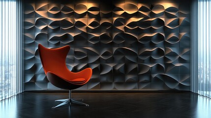 Modern Interior with Red Chair and Abstract Geometric Wall Design in Minimalistic Setting
