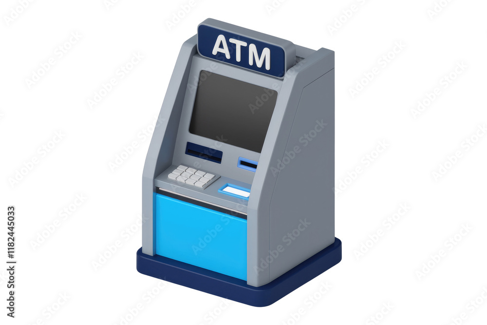 Poster A 3D model of an ATM machine, showcasing its design and functionality. background removed
