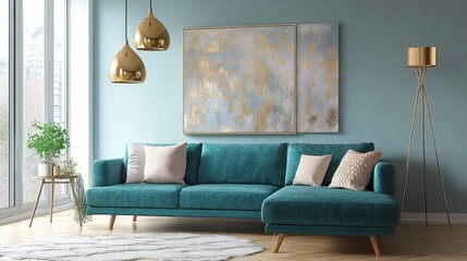 interior design, luxurious living room, teal walls, velvet teal sofa, gold pendant lights, large window, cloud painting artwork, minimalist decor, modern aesthetic, potted plant, natural light, high c