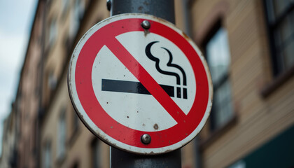 A vivid 'No Smoking' sign displayed in an urban environment, clearly prohibiting smoking to ensure public health and safety.