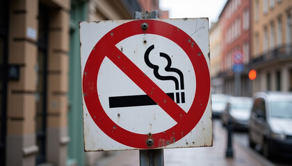 A striking 'No Smoking' sign on display in an urban setting, alerting individuals to the prohibition of smoking in public areas to promote well-being.