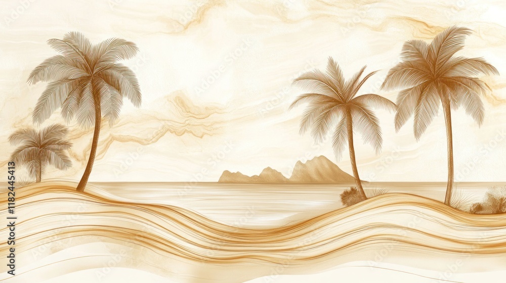 Poster calm beach scene with palm trees and ocean, artistic rendering.