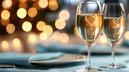 Two glasses of champagne with a heart drawn on them