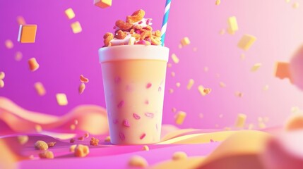 Vibrant Milkshake Explosion with Floating Cereal and Candy in a Colorful Abstract Background