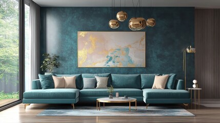 interior design, luxurious living room, teal walls, velvet teal sofa, gold pendant lights, large window, cloud painting artwork, minimalist decor, modern aesthetic, potted plant, natural light, high c