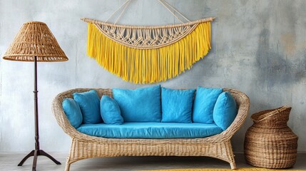 Bohemian Chic Wicker Sofa with Yellow Macrame Wall Hanging