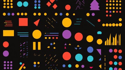 Colorful Geometric Abstract Patterns with Circles and Shapes on Black Background