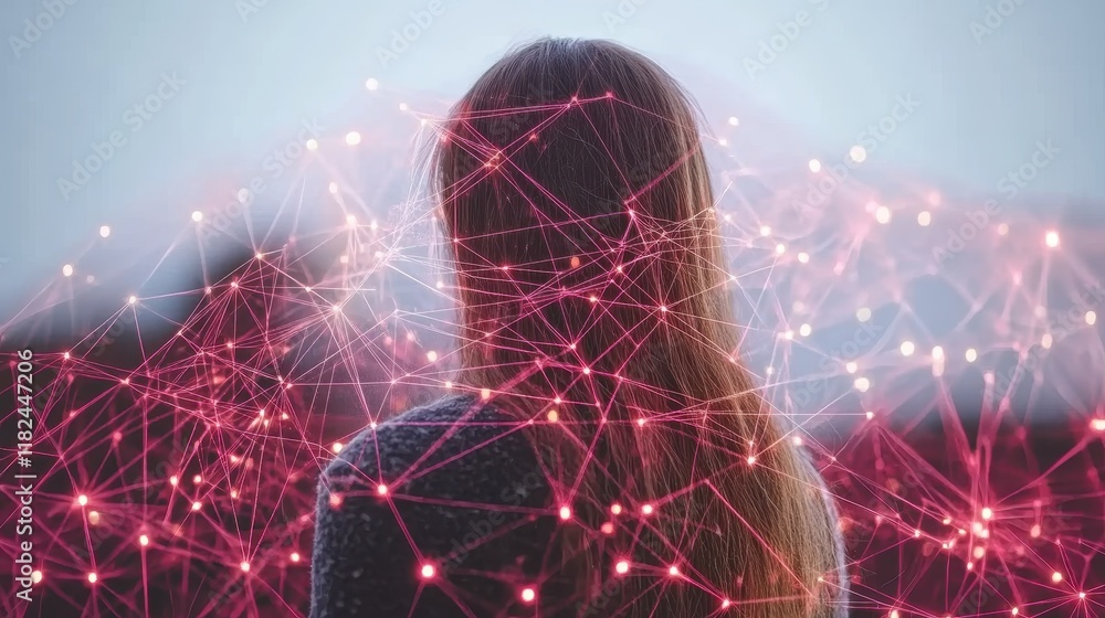 Aufkleber a woman with long hair is shown from behind with a network of interconnected points overlaid. this i