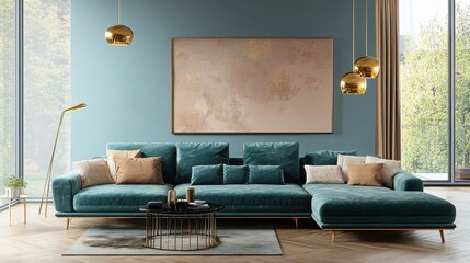 interior design, luxurious living room, teal walls, velvet teal sofa, gold pendant lights, large window, cloud painting artwork, minimalist decor, modern aesthetic, potted plant, natural light, high c