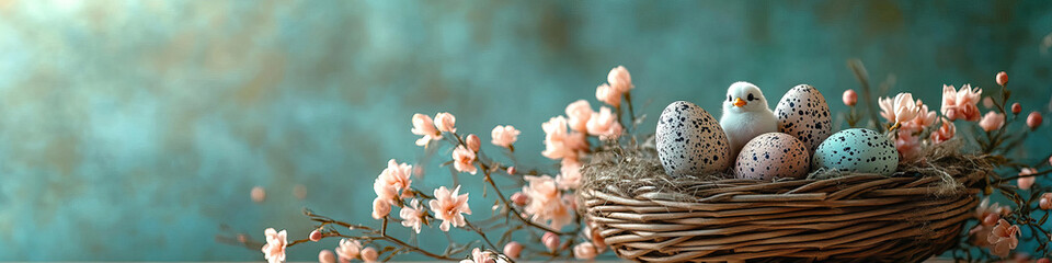 Spring nest with speckled eggs and blossoms on teal background
